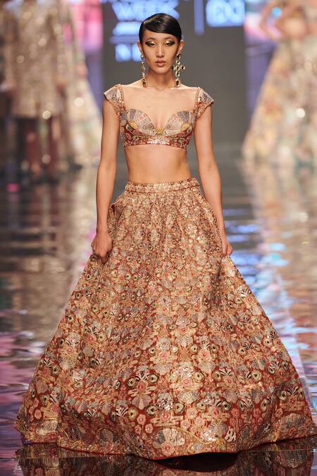 Shop_Aisha Rao_Red Tissue Sequin And Beads, Thread, Trencadis Applique Work Bridal Lehenga Set _at_Aza_Fashions