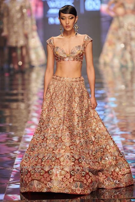 Aisha Rao_Red Tissue Sequin And Beads, Thread, Trencadis Applique Work Bridal Lehenga Set _Online_at_Aza_Fashions