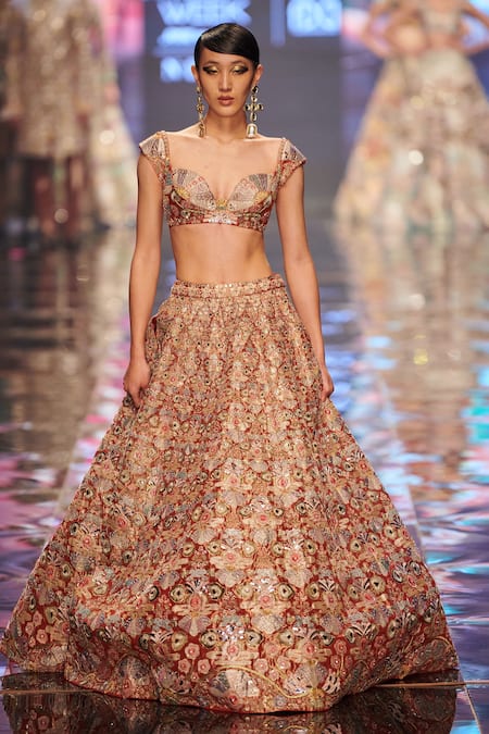 Buy_Aisha Rao_Red Tissue Sequin And Beads, Thread, Trencadis Applique Work Bridal Lehenga Set _Online_at_Aza_Fashions