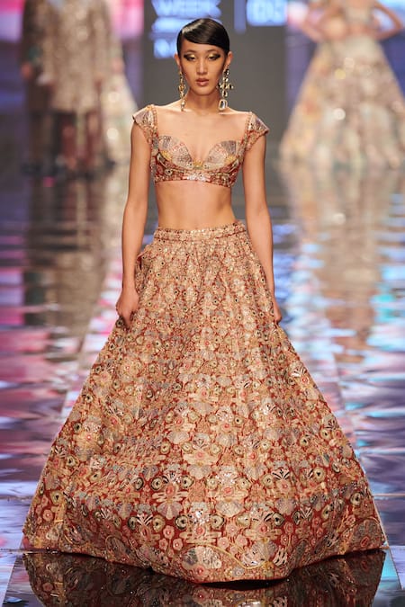 Shop_Aisha Rao_Red Tissue Sequin And Beads, Thread, Trencadis Applique Work Bridal Lehenga Set _Online_at_Aza_Fashions