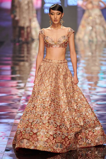 Aisha Rao_Red Tissue Sequin And Beads, Thread, Trencadis Applique Work Bridal Lehenga Set _at_Aza_Fashions