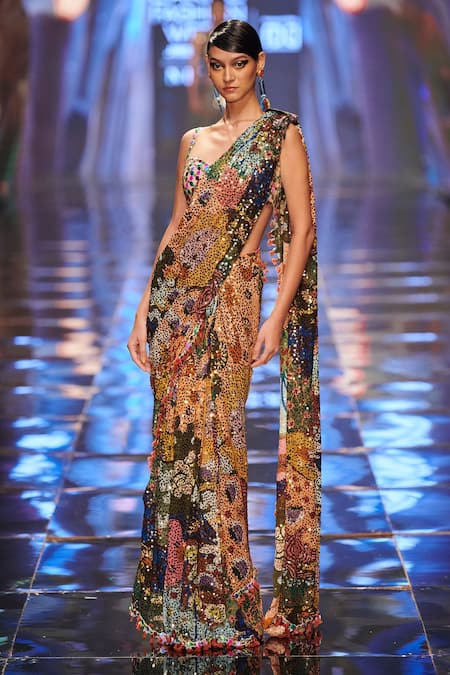 Buy_Aisha Rao_Black Georgette Trencadis And Beads Pre-draped Saree With Blouse _Online_at_Aza_Fashions