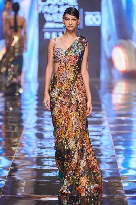 Shop_Aisha Rao_Black Georgette Trencadis And Beads Pre-draped Saree With Blouse _Online_at_Aza_Fashions