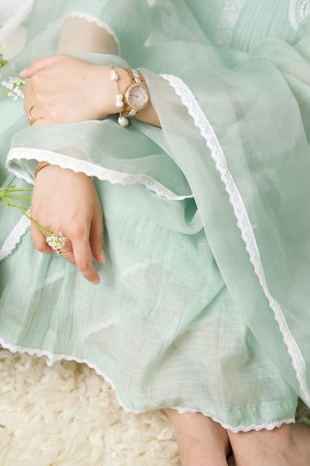 Buy_Anushka Repswal - Sewing Love_Green Dupatta Organza, Kurta Malai Chanderi, Lining Mulmul, Pants Cotton Set _Online_at_Aza_Fashions