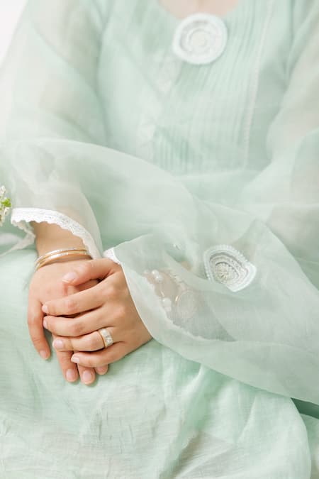 Shop_Anushka Repswal - Sewing Love_Green Dupatta Organza, Kurta Malai Chanderi, Lining Mulmul, Pants Cotton Set _Online_at_Aza_Fashions