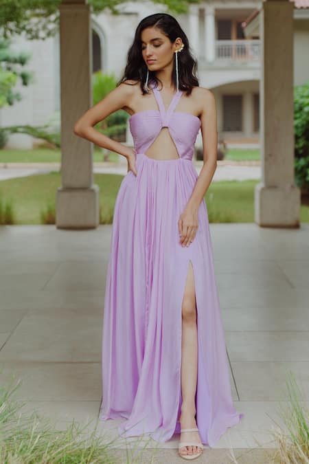 Pinup By Astha Purple Flat Chiffon Plain V Neck Arya Ruched Cut-out Gown 