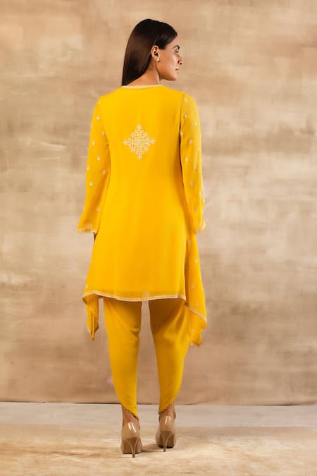 Shop Sana Barreja Yellow Georgette Round Embroidered Kurta And Dhoti Pant Set at Aza Fashions Shop_Sana Barreja_Yellow Georgette Round Embroidered Kurta And Dhoti Pant Set _at_Aza_Fashions
