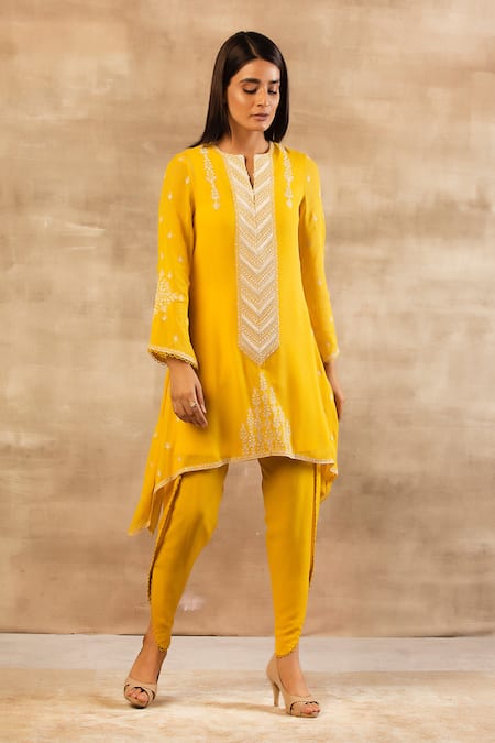 Sana Barreja Yellow Georgette Round Embroidered Kurta And Dhoti Pant Set Online at Aza Fashions Sana Barreja_Yellow Georgette Round Embroidered Kurta And Dhoti Pant Set _Online_at_Aza_Fashions
