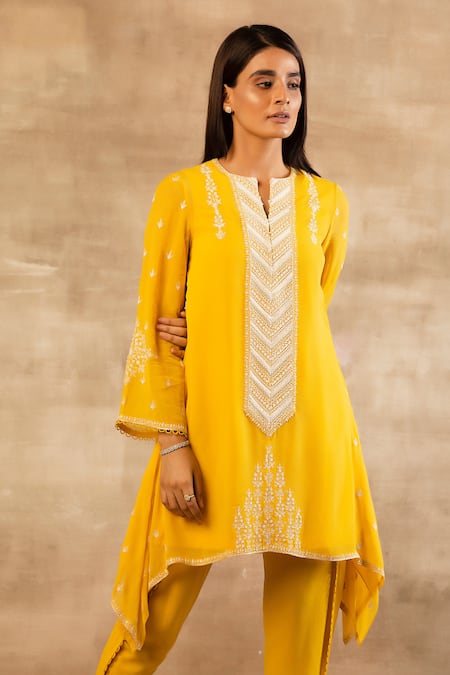 Buy Sana Barreja Yellow Georgette Round Embroidered Kurta And Dhoti Pant Set Online at Aza Fashions Buy_Sana Barreja_Yellow Georgette Round Embroidered Kurta And Dhoti Pant Set _Online_at_Aza_Fashions
