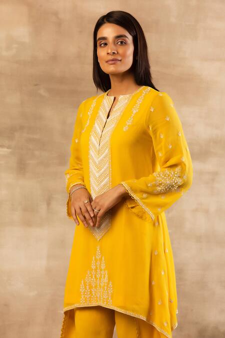 Shop Sana Barreja Yellow Georgette Round Embroidered Kurta And Dhoti Pant Set Online at Aza Fashions Shop_Sana Barreja_Yellow Georgette Round Embroidered Kurta And Dhoti Pant Set _Online_at_Aza_Fashions