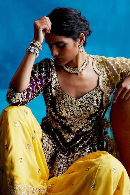 Angad Singh_Wine Kurta- , Sharara- And Dupatta- Net Mirror & Gota Patti Leaf Neck Set _Online_at_Aza_Fashions