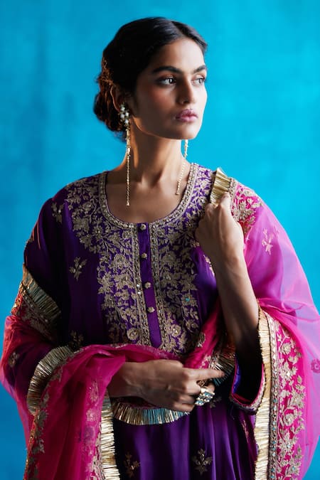 Angad Singh_Purple Kurta- , Salwar- And Dupatta- Net Kasab, Tilla & Sequin Scoop Set _Online_at_Aza_Fashions