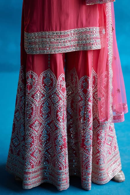 Buy_Angad Singh_Coral Kurta- , Sharara- And Dupatta- Net Gota Patti & Mirror Work, Set _Online_at_Aza_Fashions