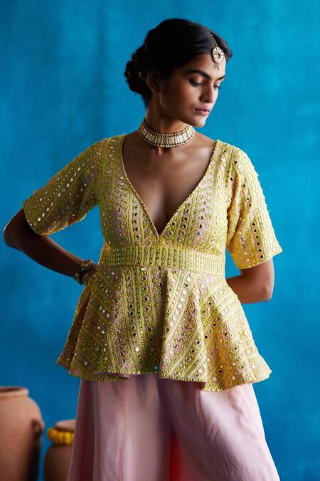 Angad Singh_Yellow Dupatta- Net, Peplum Kurta- , Sharara- Mirror And Thread Set _Online_at_Aza_Fashions