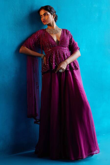 Angad Singh_Purple Peplum- , Sharara- And Dupatta- Net Embroidered Top Set _Online_at_Aza_Fashions
