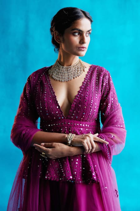 Buy_Angad Singh_Purple Peplum- , Sharara- And Dupatta- Net Embroidered Top Set _Online_at_Aza_Fashions