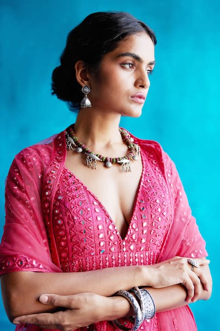 Angad Singh_Coral Peplum- , Sharara- And Dupatta- Net Embroidered Top Set _Online_at_Aza_Fashions