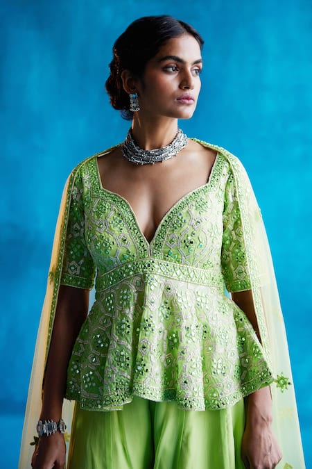 Angad Singh_Green Peplum- , Sharara- And Dupatta- Net Embroidered Top Set _Online_at_Aza_Fashions