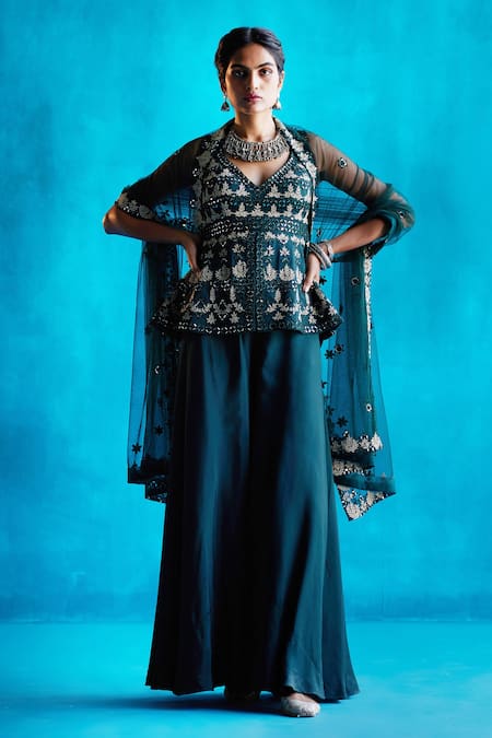 Angad Singh Green Peplum- Silk Embroidery Zari And Mirror Work V Neck Top Sharara Set 