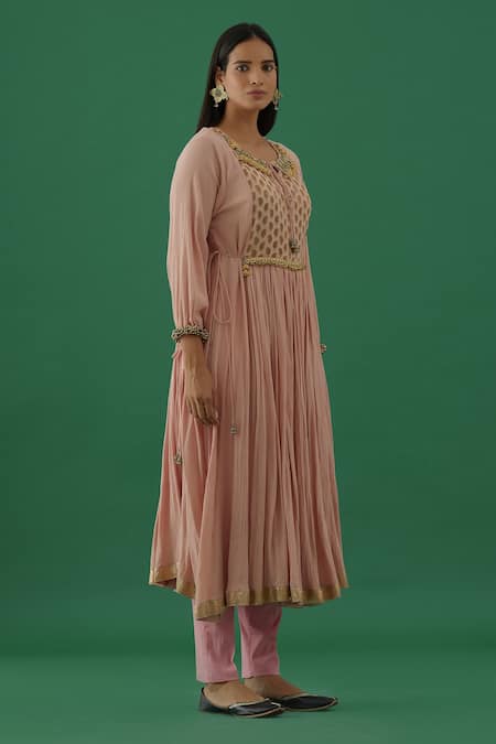Buy 5elements Pink 100% Cotton With Silk Brocade Yoke Metal Peacock Anarkali Set Online at Aza Fashions Buy_5elements_Pink 100% Cotton With Silk Brocade Yoke Metal Peacock Anarkali Set _Online_at_Aza_Fashions