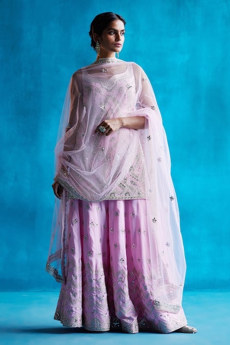 Angad Singh Pink Gota Patti, Mirror And Zari Leaf Neck Silk Kurta Sharara Set Online at Aza Fashions Angad Singh_Pink Gota Patti, Mirror And Zari Leaf Neck Silk Kurta Sharara Set _Online_at_Aza_Fashions