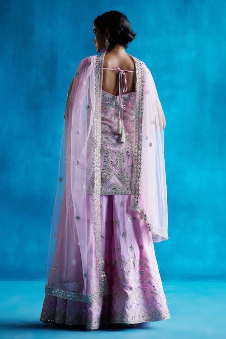 Shop Angad Singh Pink Gota Patti, Mirror And Zari Leaf Neck Silk Kurta Sharara Set at Aza Fashions Shop_Angad Singh_Pink Gota Patti, Mirror And Zari Leaf Neck Silk Kurta Sharara Set _at_Aza_Fashions