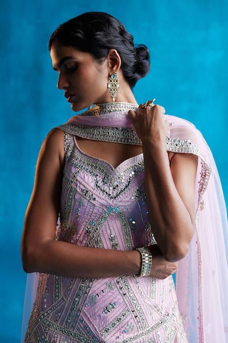 Buy Angad Singh Pink Gota Patti, Mirror And Zari Leaf Neck Silk Kurta Sharara Set Online at Aza Fashions Buy_Angad Singh_Pink Gota Patti, Mirror And Zari Leaf Neck Silk Kurta Sharara Set _Online_at_Aza_Fashions