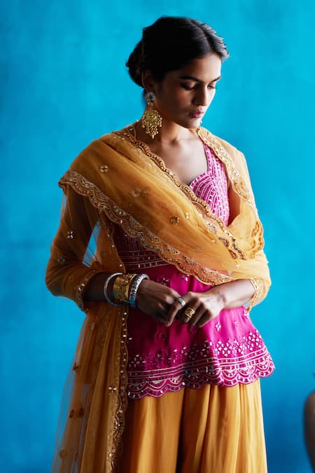 Angad Singh_Pink Kurta- , Sharara- And Dupatta- Net Mirror & Thread Short Set _Online_at_Aza_Fashions