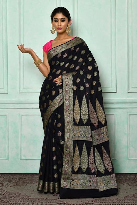 Nazaakat by Samara Singh Black Banarasi Silk Woven Floral Saree