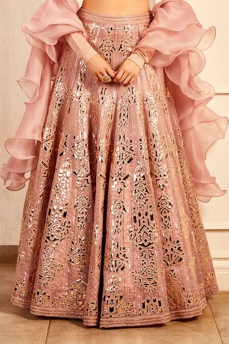 Buy_Asra_Pink Organza Embroidered Foil Turtle Neck Collar Lehenga Set _Online_at_Aza_Fashions