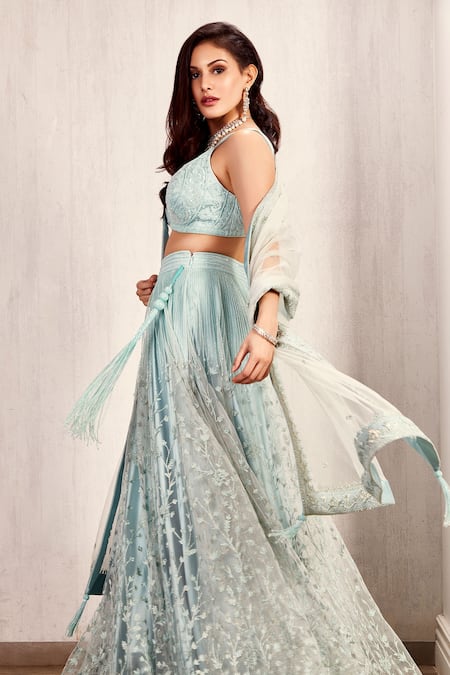 Asra_Green Net Embroidered Aari Plunge V Neck Lehenga Set _Online_at_Aza_Fashions
