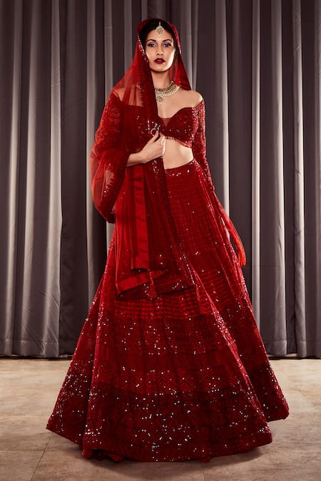 Unique maroon lehenga with off-shoulder blouse and fur sleeves as a sangeet  outfit. See more on w… | Indian fashion dresses, Lehnga designs, Indian  designer outfits