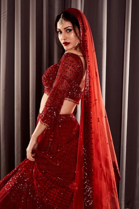 Shop_Asra_Red Net Aari Sweetheart Neck Embroidered Bridal Lehenga Set _at_Aza_Fashions