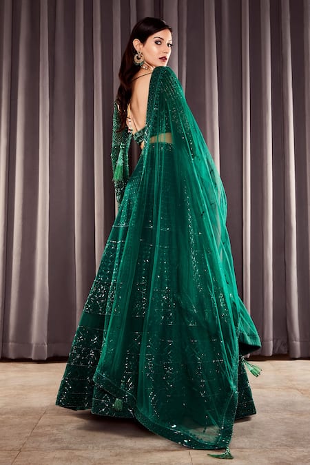Shop_Asra_Green Net Embroidered Sequins Sweetheart Neck Bridal Lehenga Set _at_Aza_Fashions