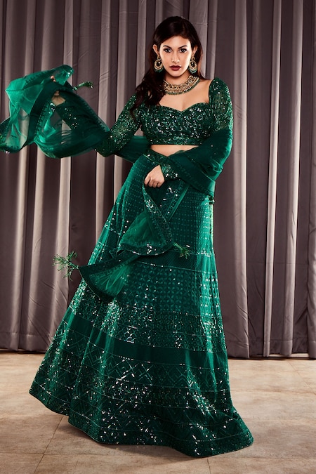 Buy Green Crepe Hand Embroidered Cutdana Sweetheart Blouse Lehenga Set For  Women by J by Jannat Online at Aza Fashions.