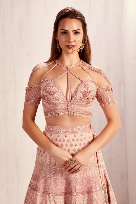 Shop Asra Pink Net Aari Sweetheart Neck Embroidered Lehenga Set at Aza Fashions Shop_Asra_Pink Net Aari Sweetheart Neck Embroidered Lehenga Set _at_Aza_Fashions