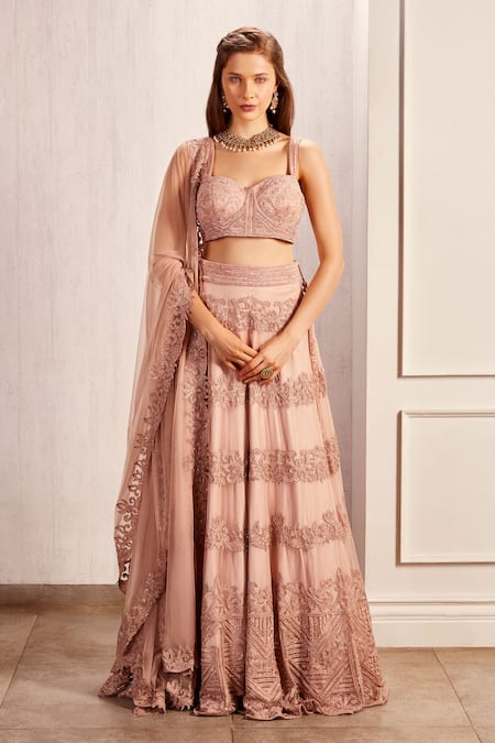 Asra Pink Net Embroidered Aari Sweetheart Neck Bridal Lehenga Set 