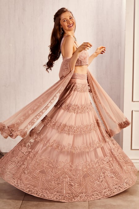 Asra_Pink Net Aari Sweetheart Neck Embroidered Bridal Lehenga Set _Online_at_Aza_Fashions