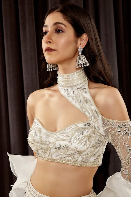 Buy_Asra_White Organza Foil High Neck Embroidered Lehenga Set _Online_at_Aza_Fashions