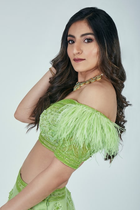 Asra_Green Net Floral Motifs Sweetheart Neck Off Shoulder Choli And Lehenga Set _Online_at_Aza_Fashions