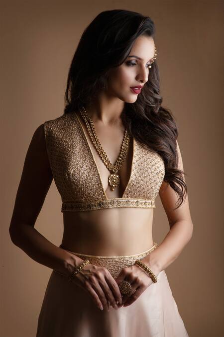 Asra_Beige Organza Floral Motifs Plunge V Neck Embroidered Lehenga And Choli Set _Online_at_Aza_Fashions
