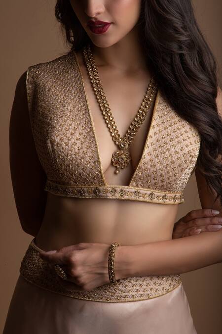 Buy_Asra_Beige Organza Floral Motifs Plunge V Neck Embroidered Lehenga And Choli Set _Online_at_Aza_Fashions