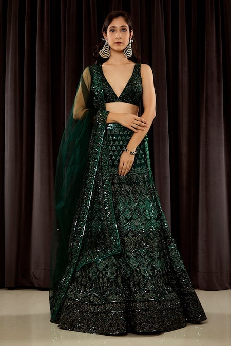 Women's Bottle Green Lehenga Choli- (3Pc Set) - Saras The Label | Printed  dresses fashion, Green lehenga, Designer dresses casual