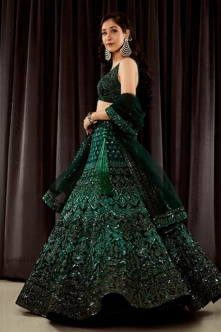 Buy_Asra_Green Net Floral Motifs Plunge V Neck Hand Embroidered Bridal Lehenga Set _Online_at_Aza_Fashions