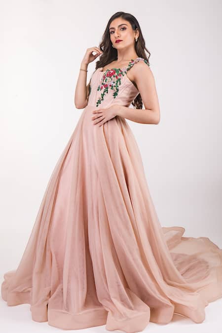 Asra_Peach Net Floral Appliques Sweetheart Neck Embroidered Bodice Gown _Online_at_Aza_Fashions
