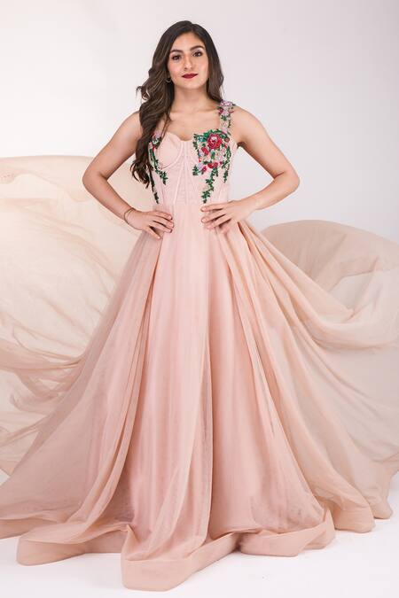 Buy_Asra_Peach Net Floral Appliques Sweetheart Neck Embroidered Bodice Gown _Online_at_Aza_Fashions