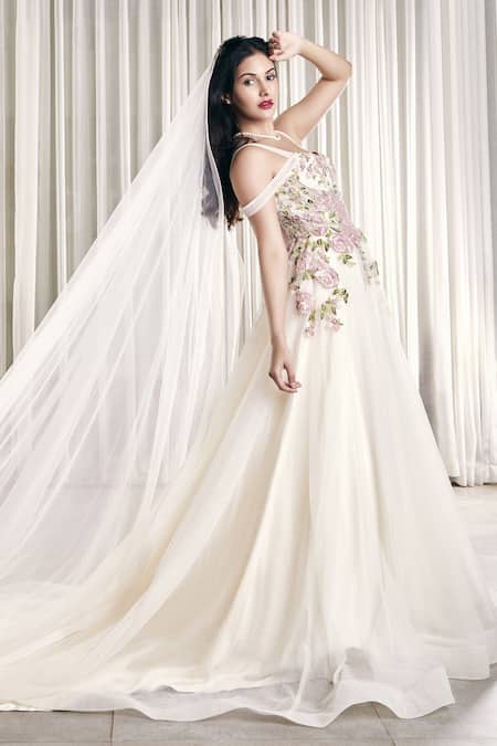 Shop_Asra_White Net Embroidered Rose Motifs Sweetheart Neck Floral Gown _at_Aza_Fashions