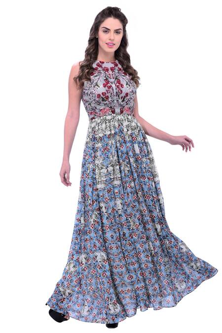 Shop Bhanuni By Jyoti Green Viscose Georgette Round Floral Printed Gown Online at Aza Fashions Shop_Bhanuni By Jyoti_Green Viscose Georgette Round Floral Printed Gown _Online_at_Aza_Fashions