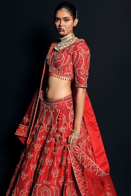 Shop Asra Red Raw Silk Bead Work, Sequins Round Floral Embroidered Bridal Lehenga Set at Aza Fashions Shop_Asra_Red Raw Silk Bead Work, Sequins Round Floral Embroidered Bridal Lehenga Set _at_Aza_Fashions