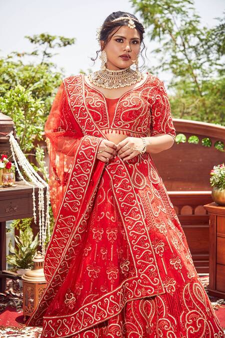 Asra Red Raw Silk Bead Work, Sequins Round Floral Embroidered Bridal Lehenga Set Online at Aza Fashions Asra_Red Raw Silk Bead Work, Sequins Round Floral Embroidered Bridal Lehenga Set _Online_at_Aza_Fashions